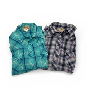 2 Wrangler Men’s Pearl Snap Plaid Shirts Bundle Blue and Purple Size 2XL